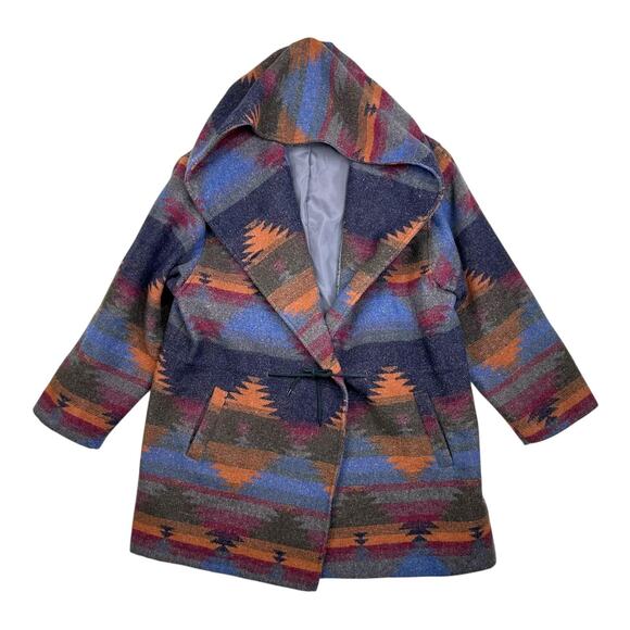 Andrea Marin Coat Womens Large Multicolor Hooded Wool Blend Aztec Boho Southwest - Picture 1 of 15